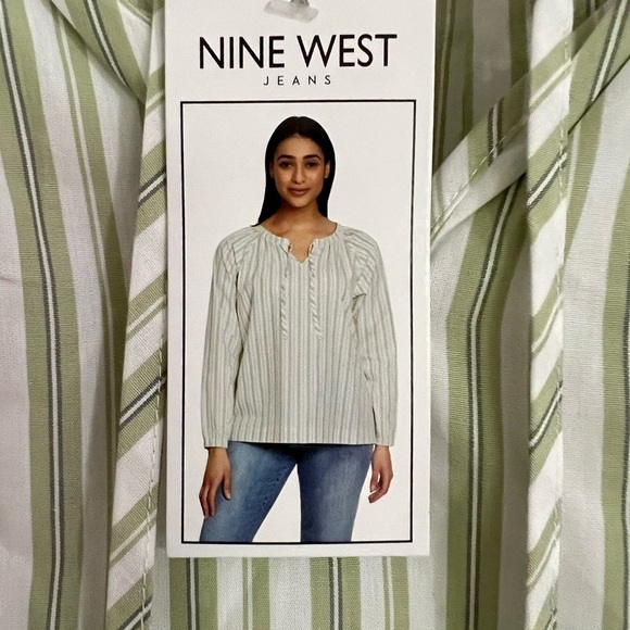 Nine West Jeans Laurel Green Stripe Tie Front blouse Size M - Picture 5 of 14